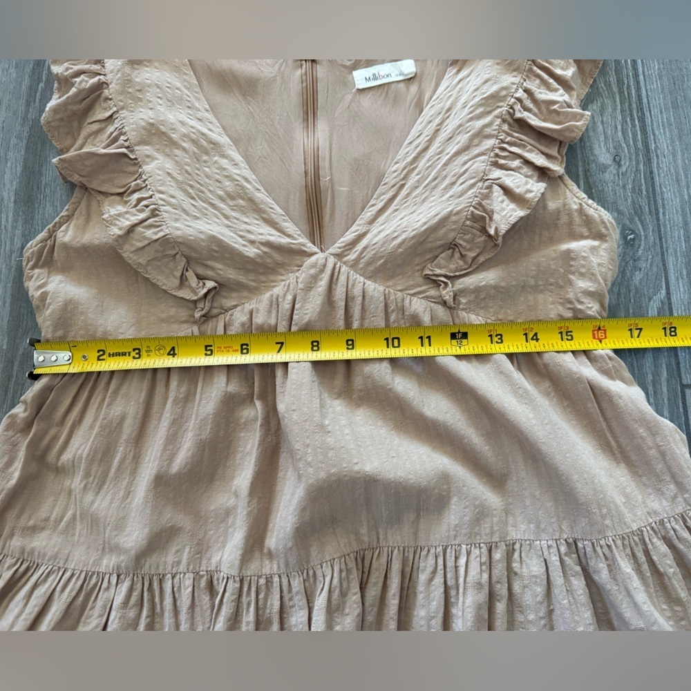Millibon|Tan ruffled Sleeveless Tiered Dress in Brown/tan color,cottagecore boho - Picture 11 of 13